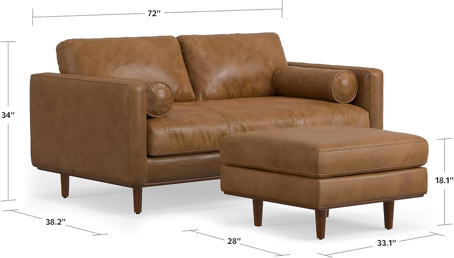 Morrison Mid-Century Modern 72 Inch Wide Sofa with Ottoman Set in Caramel Brown Genuine Leather for the Living Room and Family Room-2