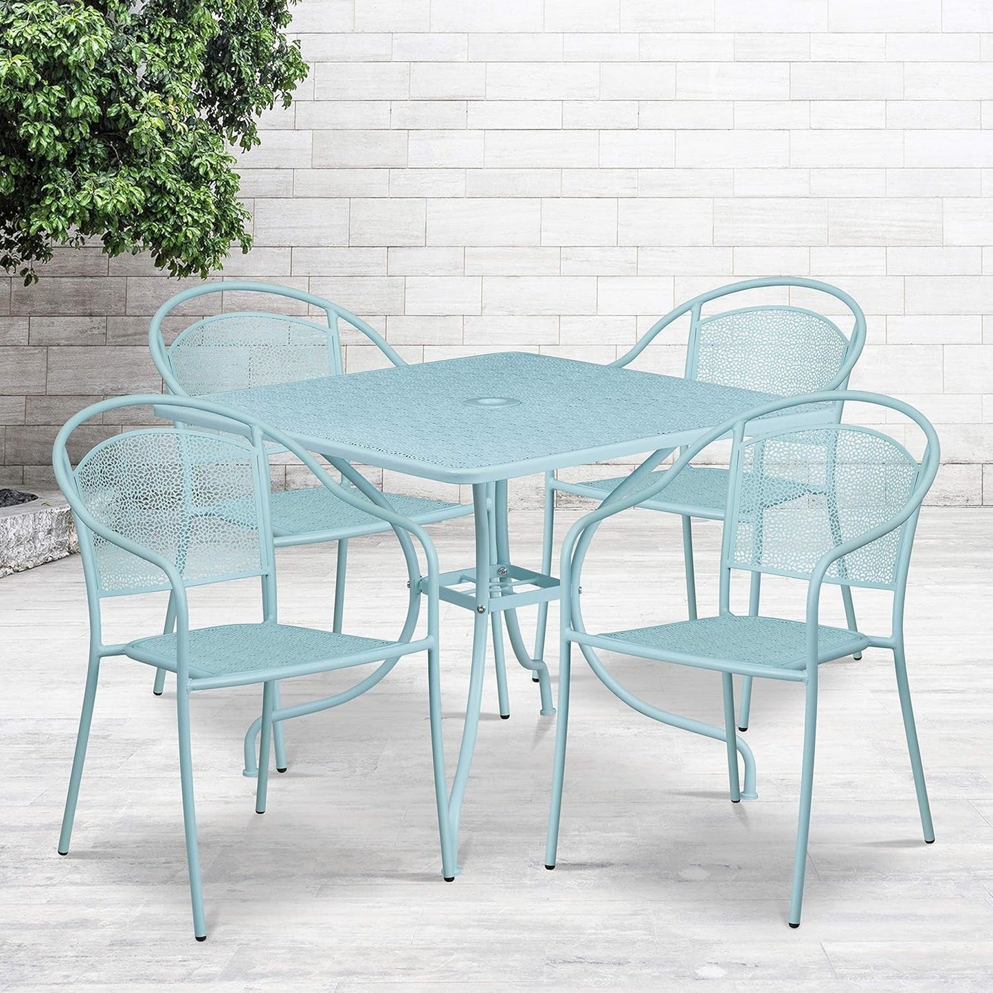 Commercial Grade 35.5" Square Sky Blue Patio Table Set-4 round Back Chairs-0