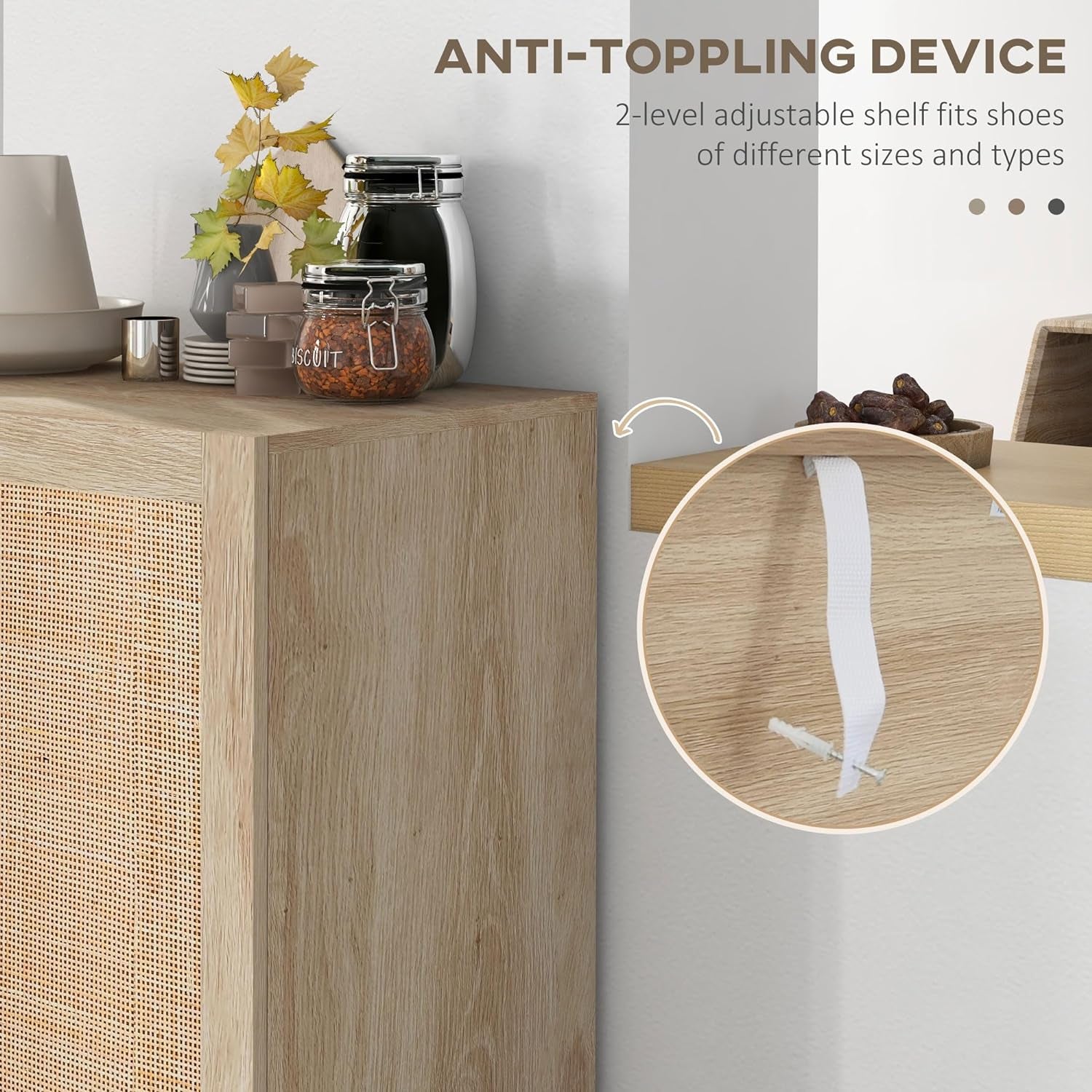 Sideboard Buffet Cabinet, Kitchen Cabinet, Coffee Bar Cabinet with 2 Rattan Doors and Adjustable Shelves, Natural-3