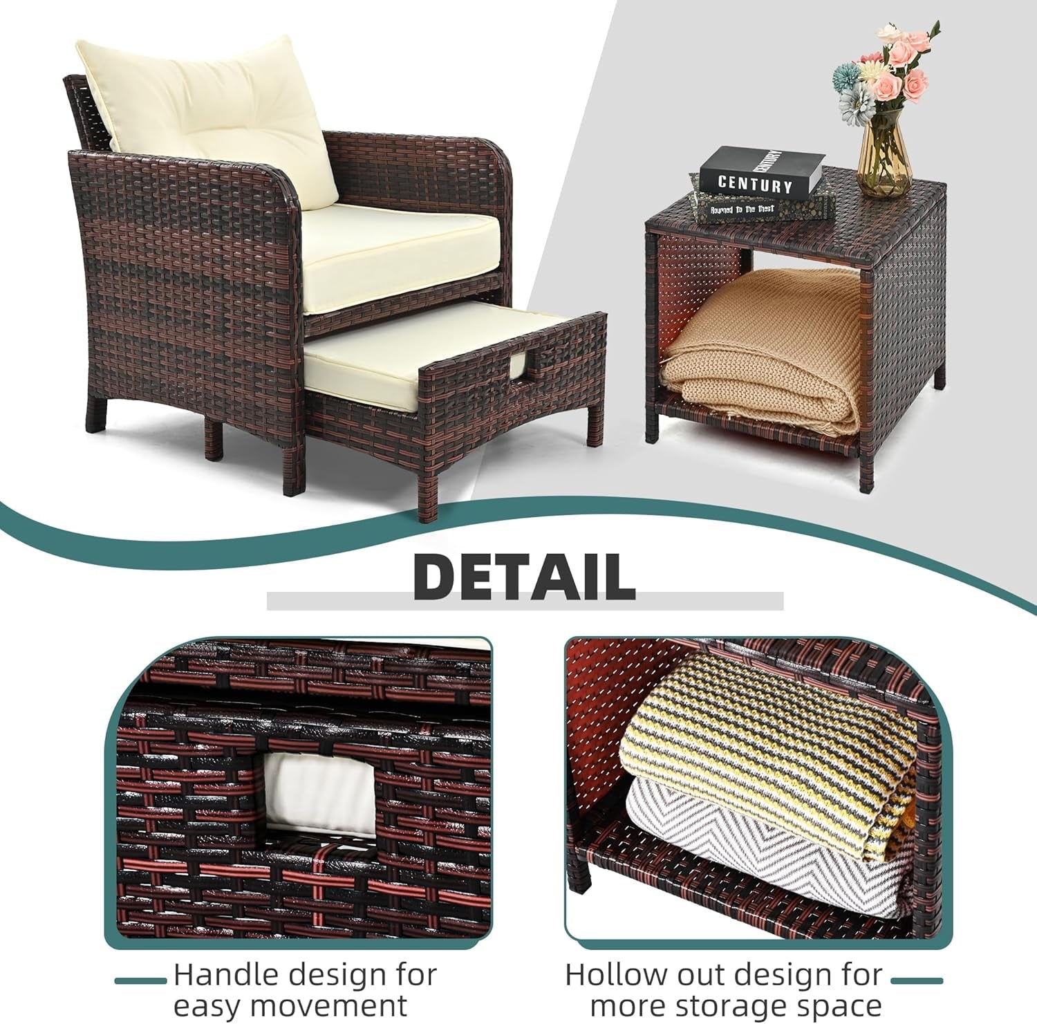 5 Pieces Patio Furniture Set, Rattan Balcony Furniture with Ottomans, PE Wicker Outdoor Patio Chairs Set with Coffee Table for Poolside, Porch, Lawn, Garden, Balcony(Beige)-4