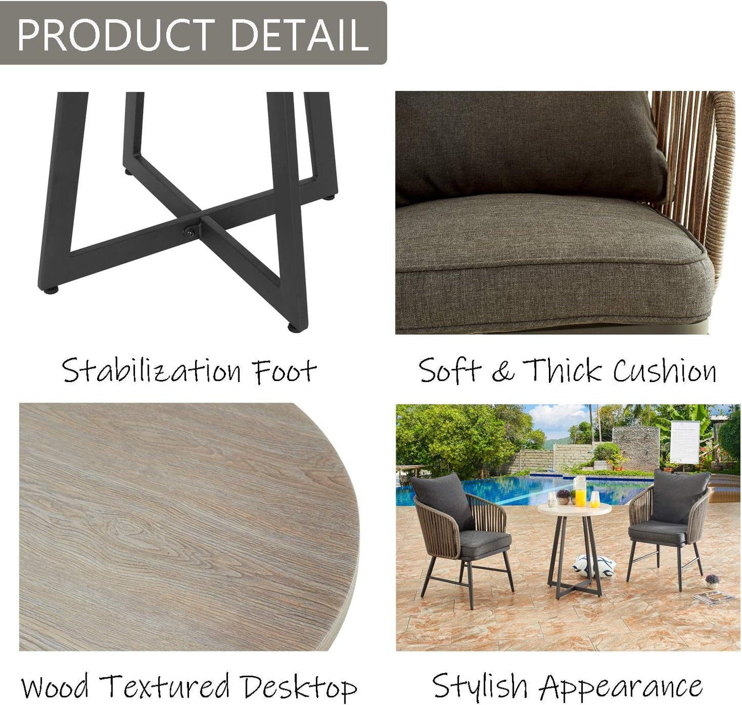 3 Piece Bistro Set Outdoor Patio Wicker Chairs and Table Metal Frame Modern Rattan Chair with Cushion and Small Coffee Table for Balcony Backyard Garden Poolside (Beige Tabletop, 3 Pcs)-4