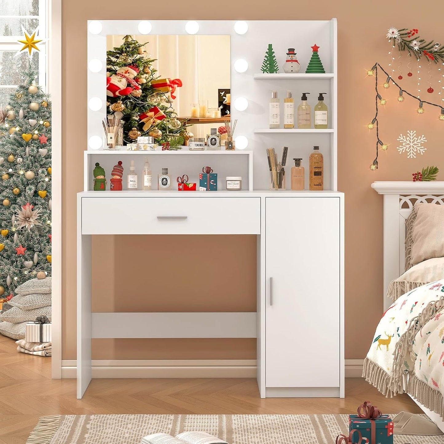 White Vanity Desk Mirror, Lights, Storage, Drawers, Shelves-0