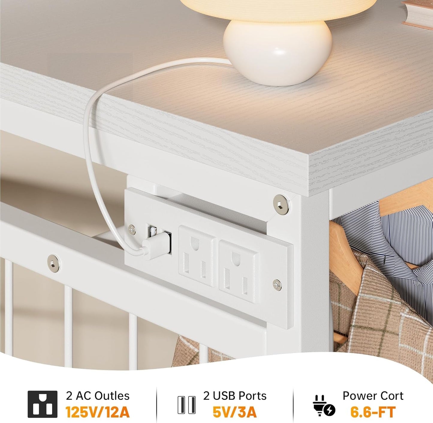 49.2" W White Dresser for Bedroom with Hanging Rack,6 Drawer Dresser with LED Lights & Charging Station, Fabric Dressers & Chest of Drawer with Clothes Rack, Wooden Top, Grid Panel, Closet-4