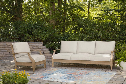 Carter Hall Outdoor Eucalyptus Patio Sofa with Cushion, Beige-1