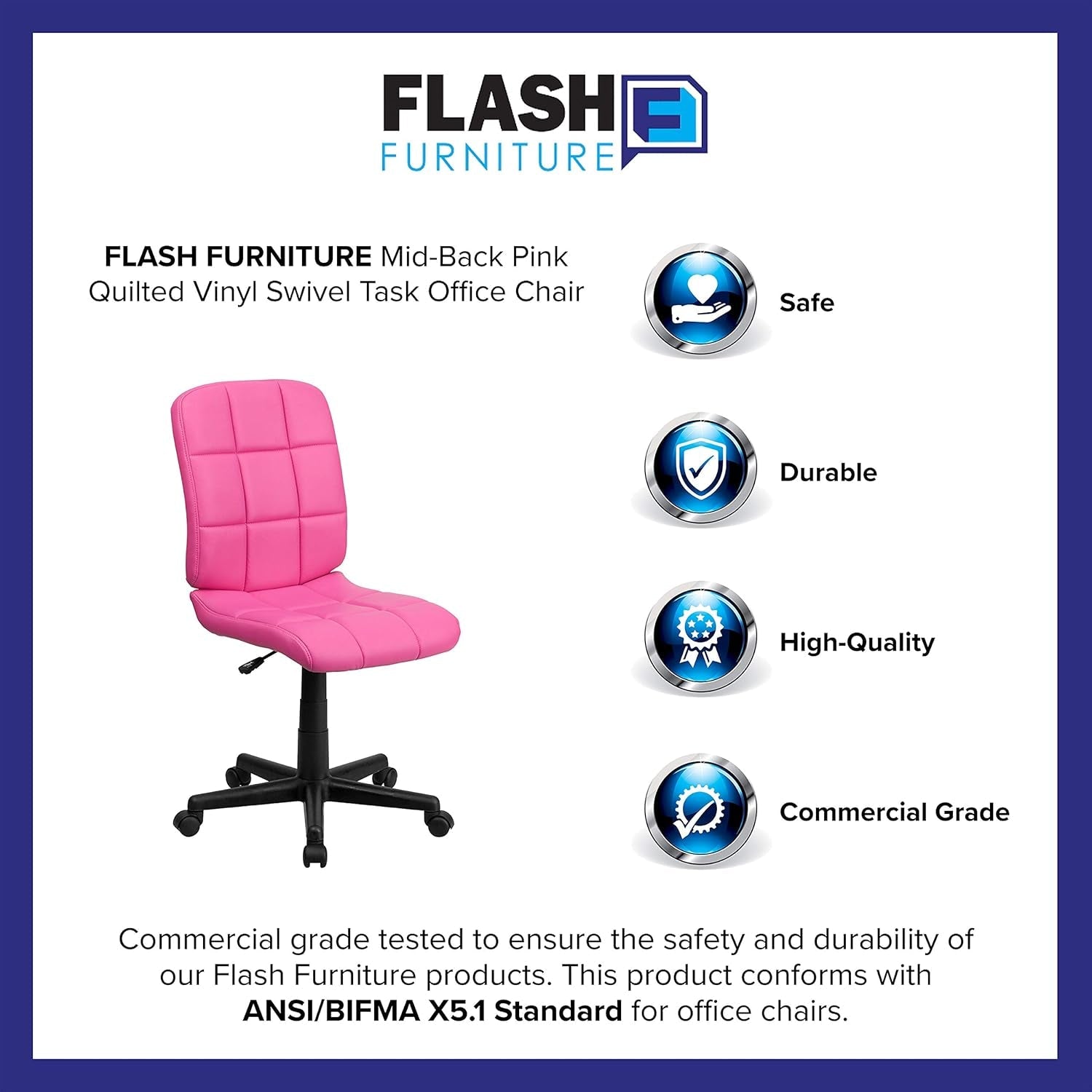 Clayton Mid-Back Pink Quilted Vinyl Swivel Task Office Chair-3