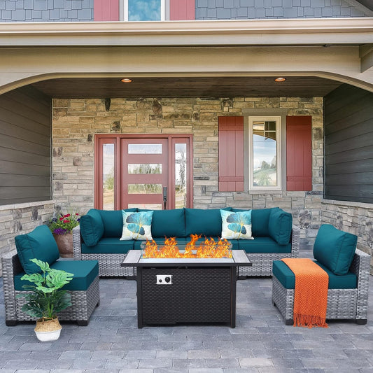 7 Pieces Wicker Patio Furniture Set,Pe Rattan Outdoor Sectional Conversation Sofa Set with Fire Pit Table, Non-Slip Cushions and Furniture Cover, Peacock Blue-0