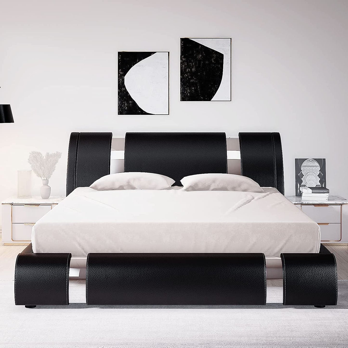Black King Leather Bed, Adjustable Curved Headboard, Modern-0