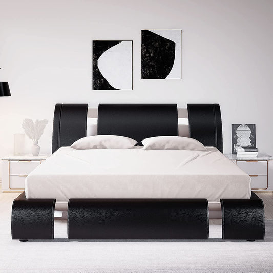 Black King Leather Bed, Adjustable Curved Headboard, Modern-0