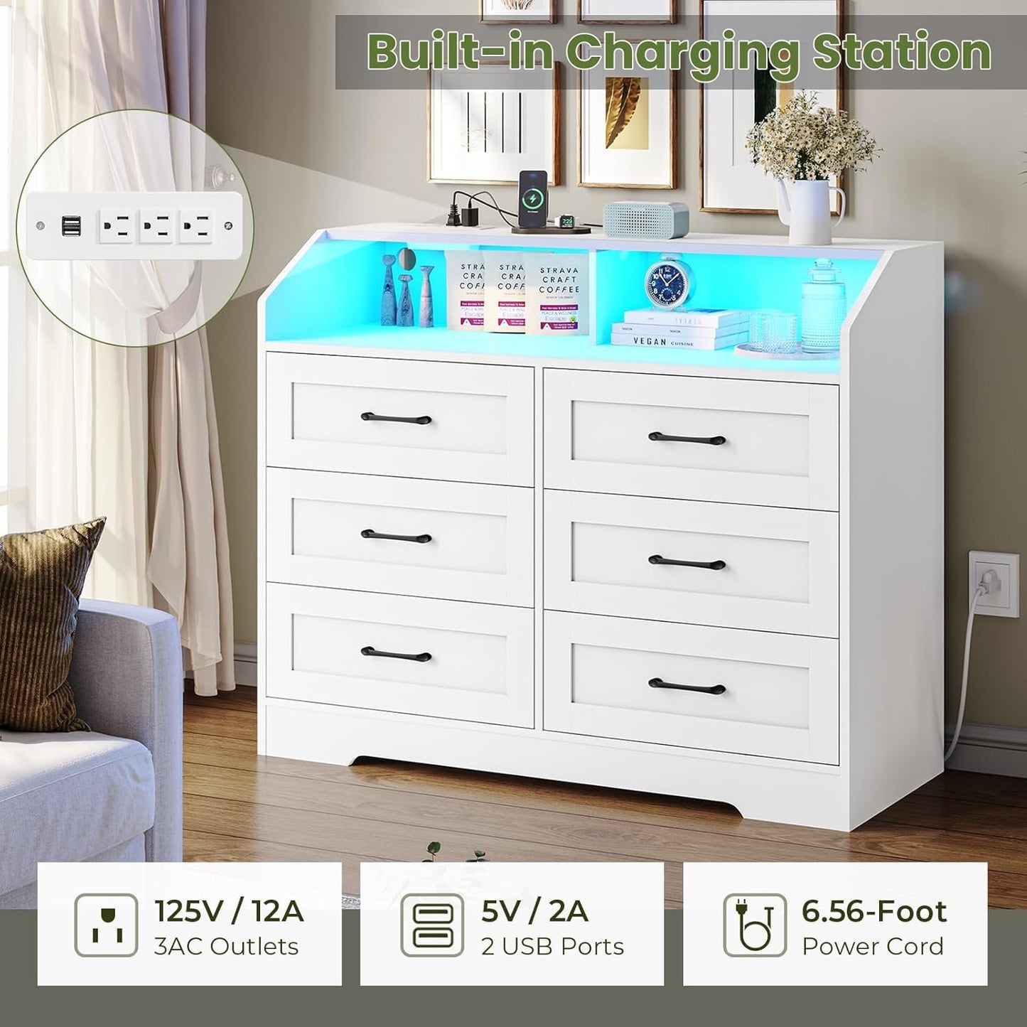 White Dresser for Bedroom with LED Lights and Charging Station, Modern Wood 6 Drawers Storage Tower Clothes Organizer, Large Capacity Chest of Drawers Storage Cabinet for Bedroom, Living Room-3