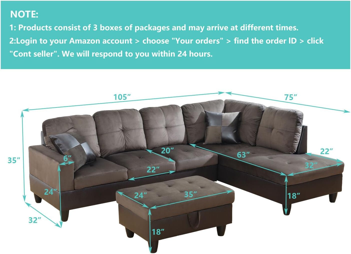 Dark Brown Sectional Couch for Living Room Set, 105 Inch Sectional Sofa L Shaped Couch with Storage Ottoman/Microfiber Fabric/Facing Right Chaise-1