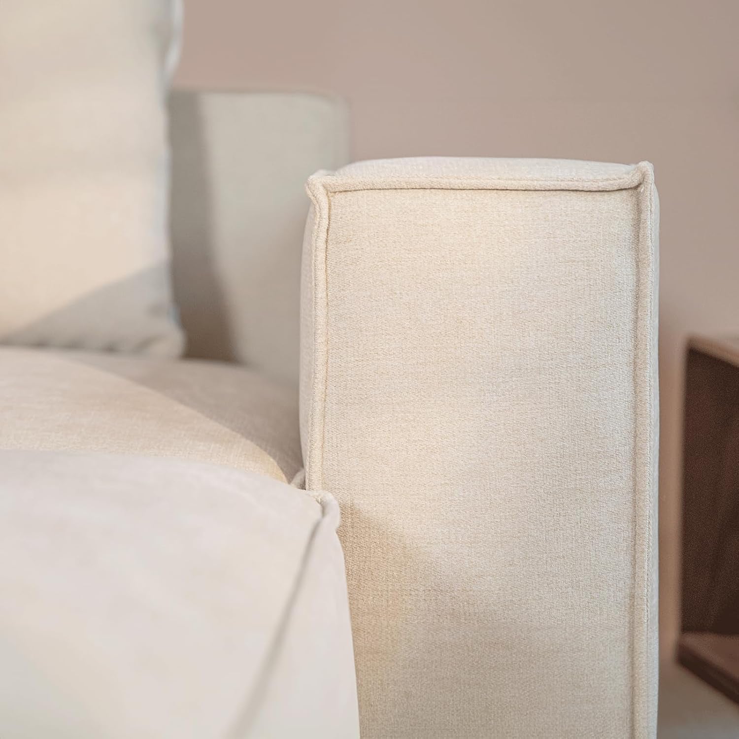 Luxury Modular Sectional Living Room Sofa Set, Modern Minimalist Style Couch with Ottoman and Chaise, L-Shape, Linen-Like Cream-4