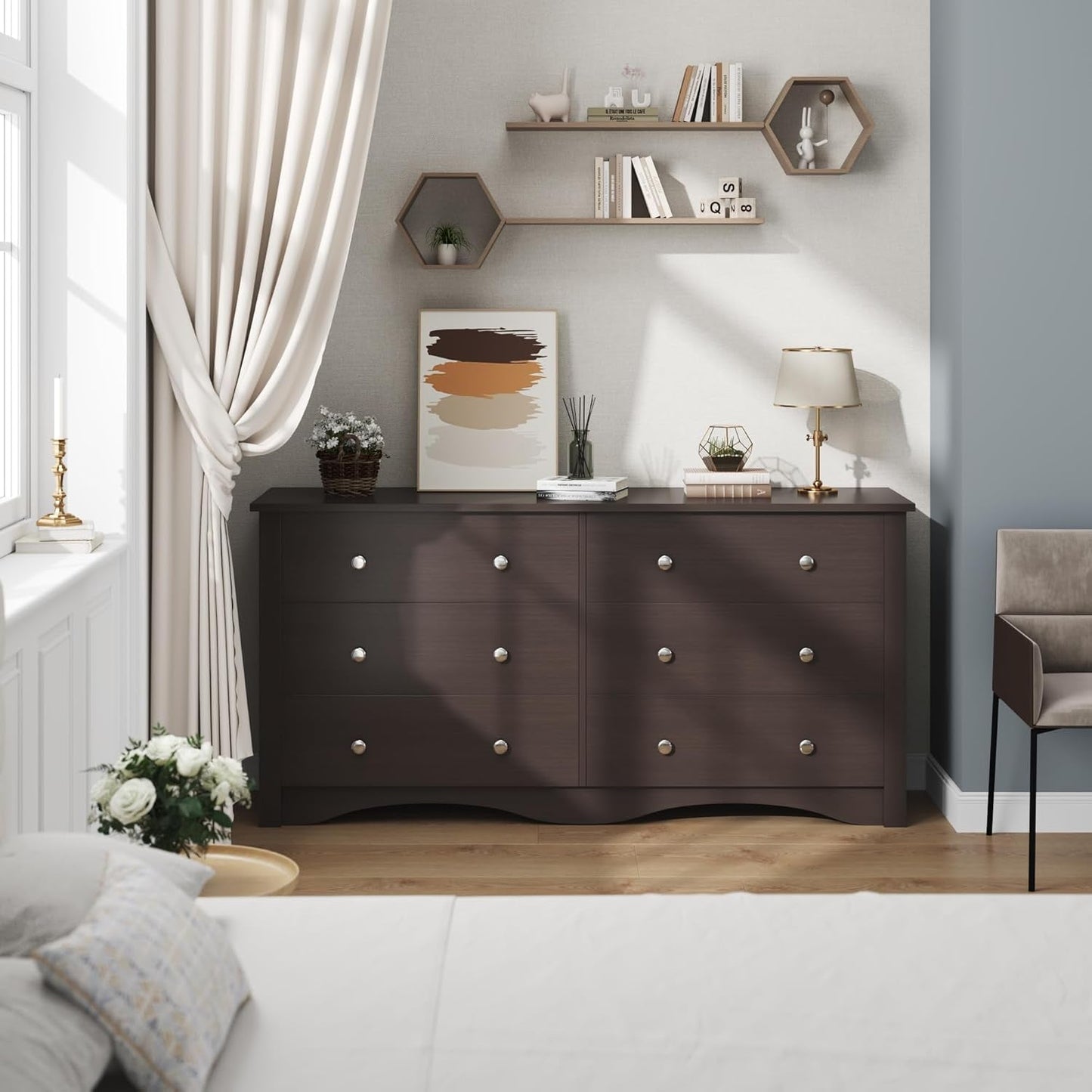 6 Wood Drawers Dresser for Bedroom, Double Dresser for TV up to 65 Inch, TV Stand Storage Chest of Drawers for Living Room Hallway Entryway (Brown)-3