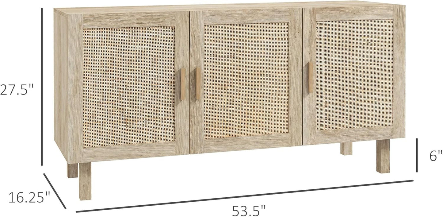 Sideboard Buffet Cabinet, Kitchen Cabinet, Coffee Bar Cabinet with 3 Rattan Doors and Adjustable Shelves, White and Natural-2