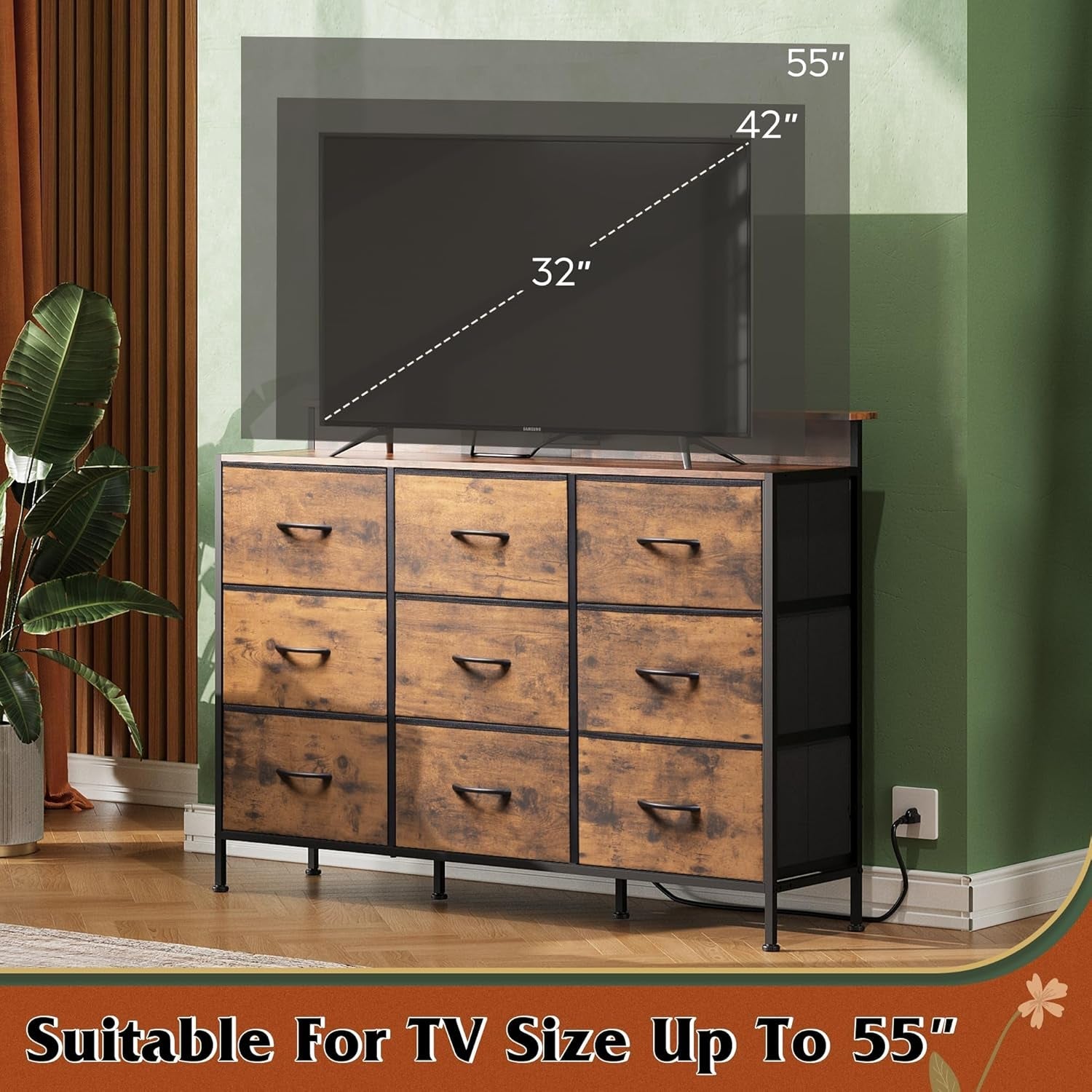 Dresser TV Stand for 55 Inch, Led Dresser for Bedroom, White Dresser for Bedroom with LED Lights and Charging Station, Chest of Drawers, 9 Fabric Dresser Drawers, Wood Top, Living Room, Closet-3