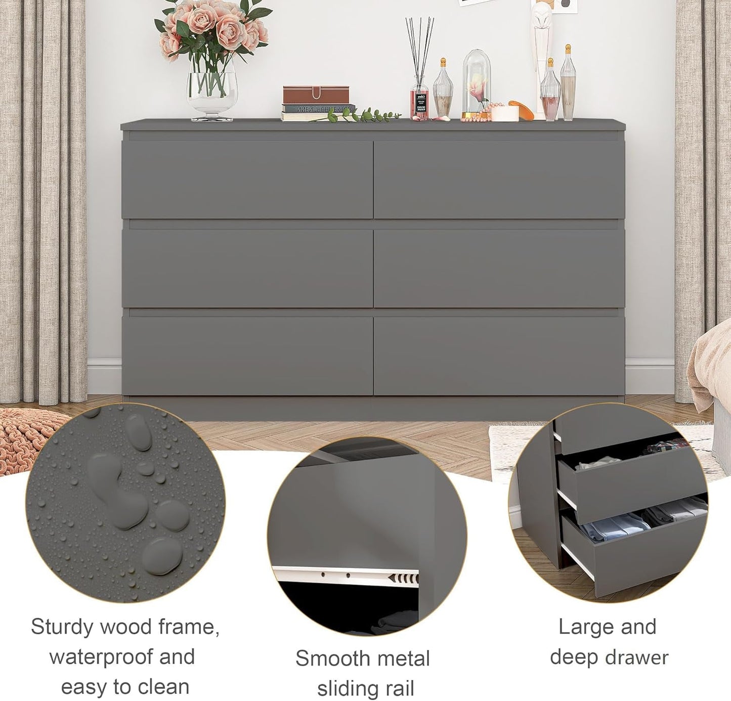Grey Dresser for Bedroom,6 Drawer Dresser,Chest of Drawers,Modern Wood Dresser,Dresser Bedroom Furniture,Tv Dresser for Closet,Kid'S Room,Nursery-3