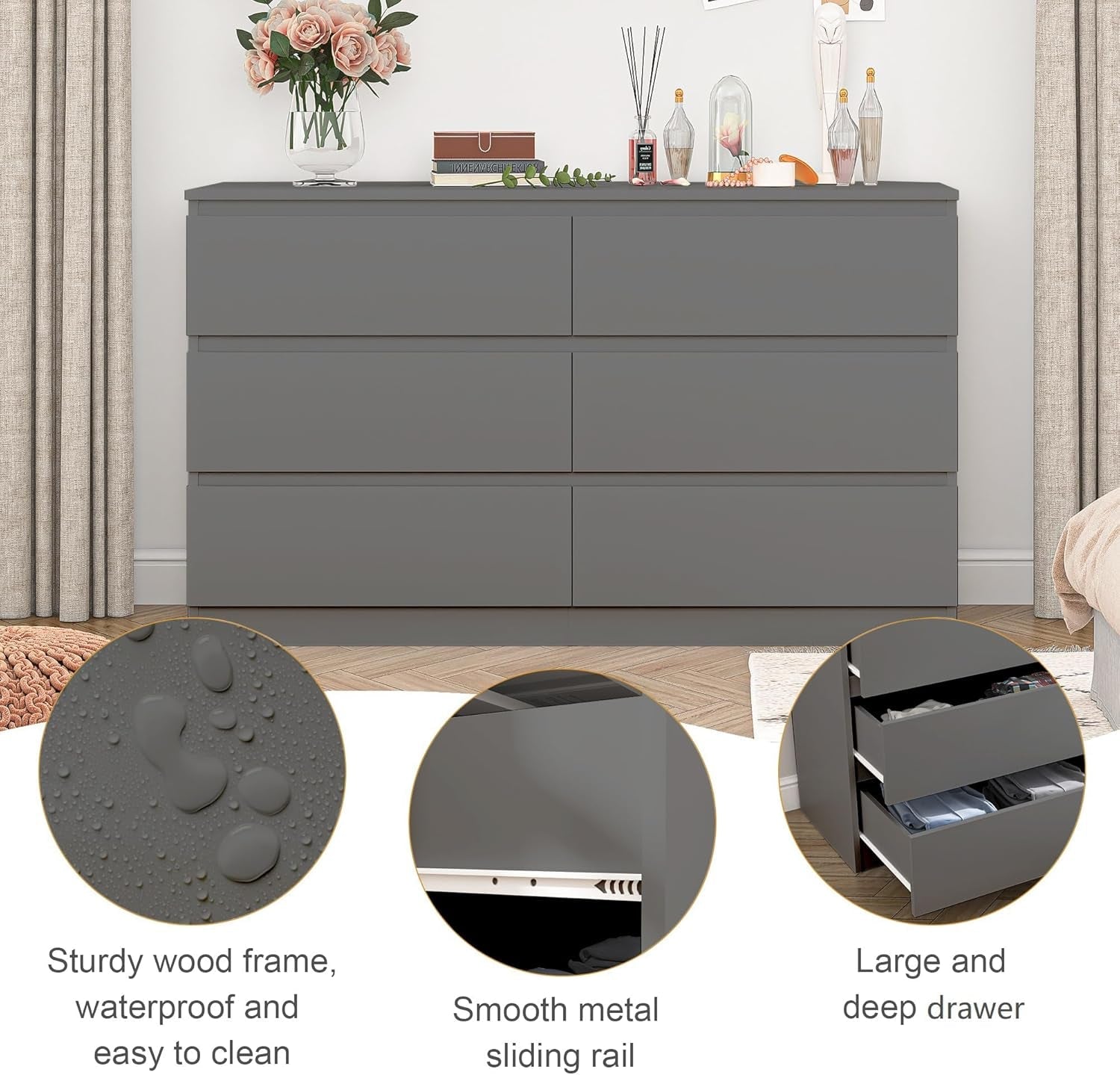 Grey Dresser for Bedroom,6 Drawer Dresser,Chest of Drawers,Modern Wood Dresser,Dresser Bedroom Furniture,Tv Dresser for Closet,Kid'S Room,Nursery-3