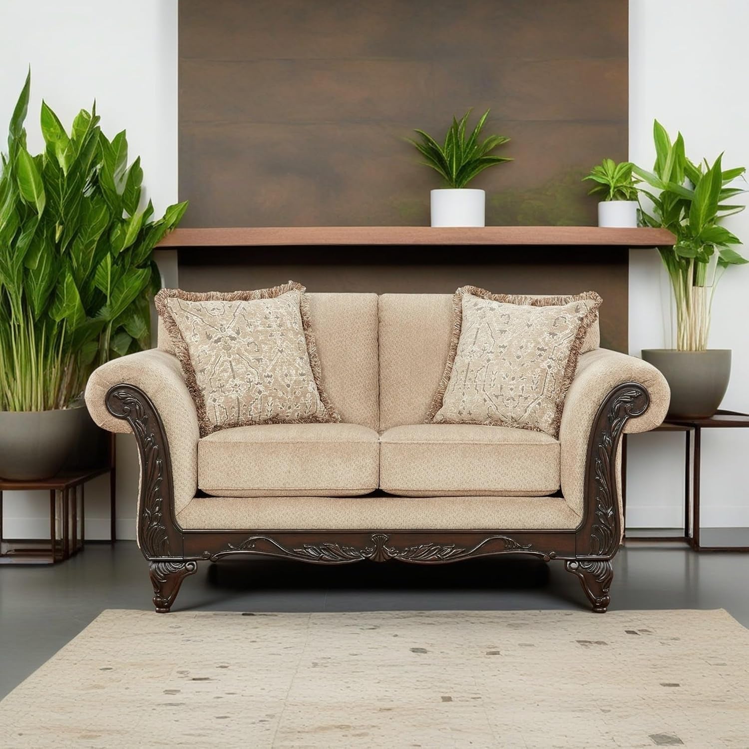 Hernen 2-Piece Living Room Set, Carved Wood Frame Sofa and Loveseat, Beige Wheat-2