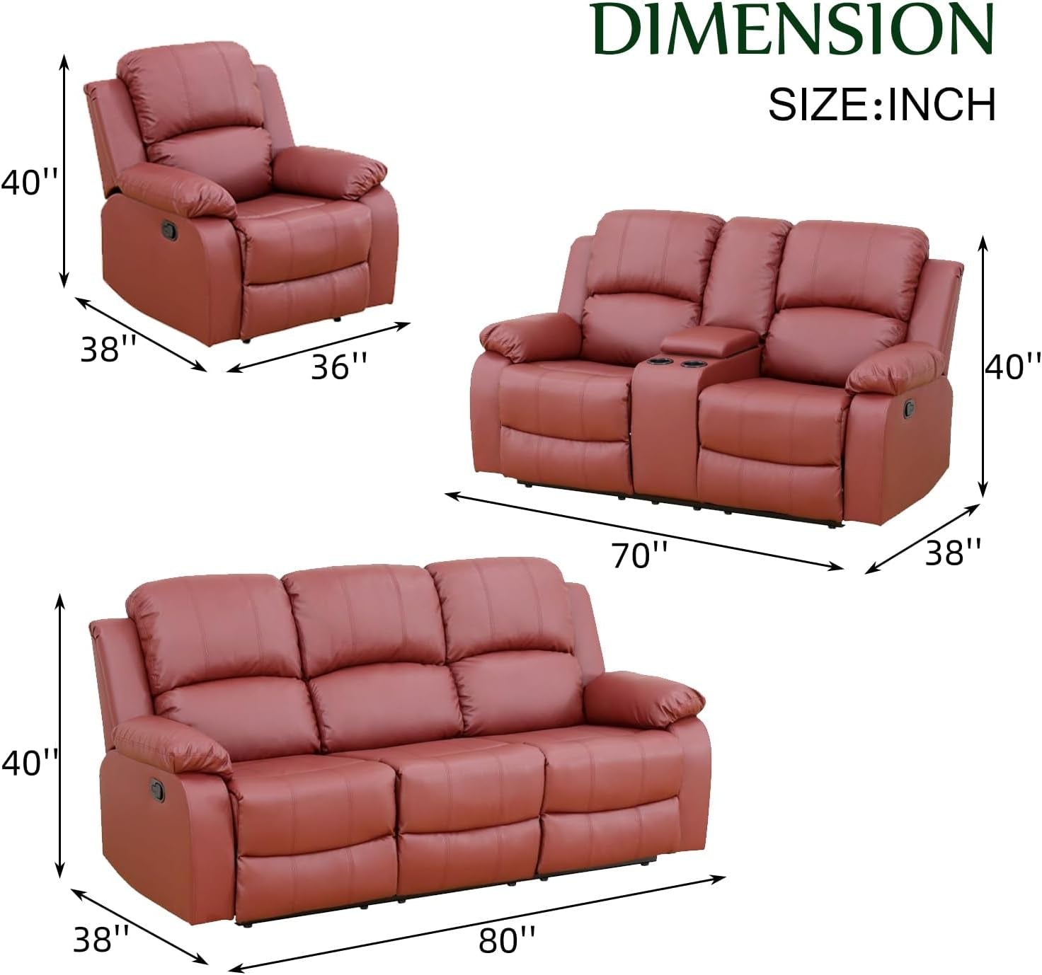 Leather Recliner Sofa Set，Leather Reclining Sofa Set for Living Room Furniture Sets，Red Recliner Couch Set for Living Room/Office/Theater Seating(Sofa Set 3 Pieces)-1