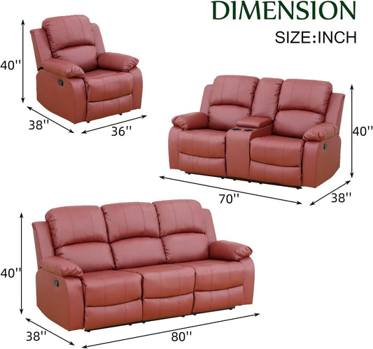 Leather Recliner Sofa Set，Leather Reclining Sofa Set for Living Room Furniture Sets，Red Recliner Couch Set for Living Room/Office/Theater Seating(Sofa Set 3 Pieces)-1
