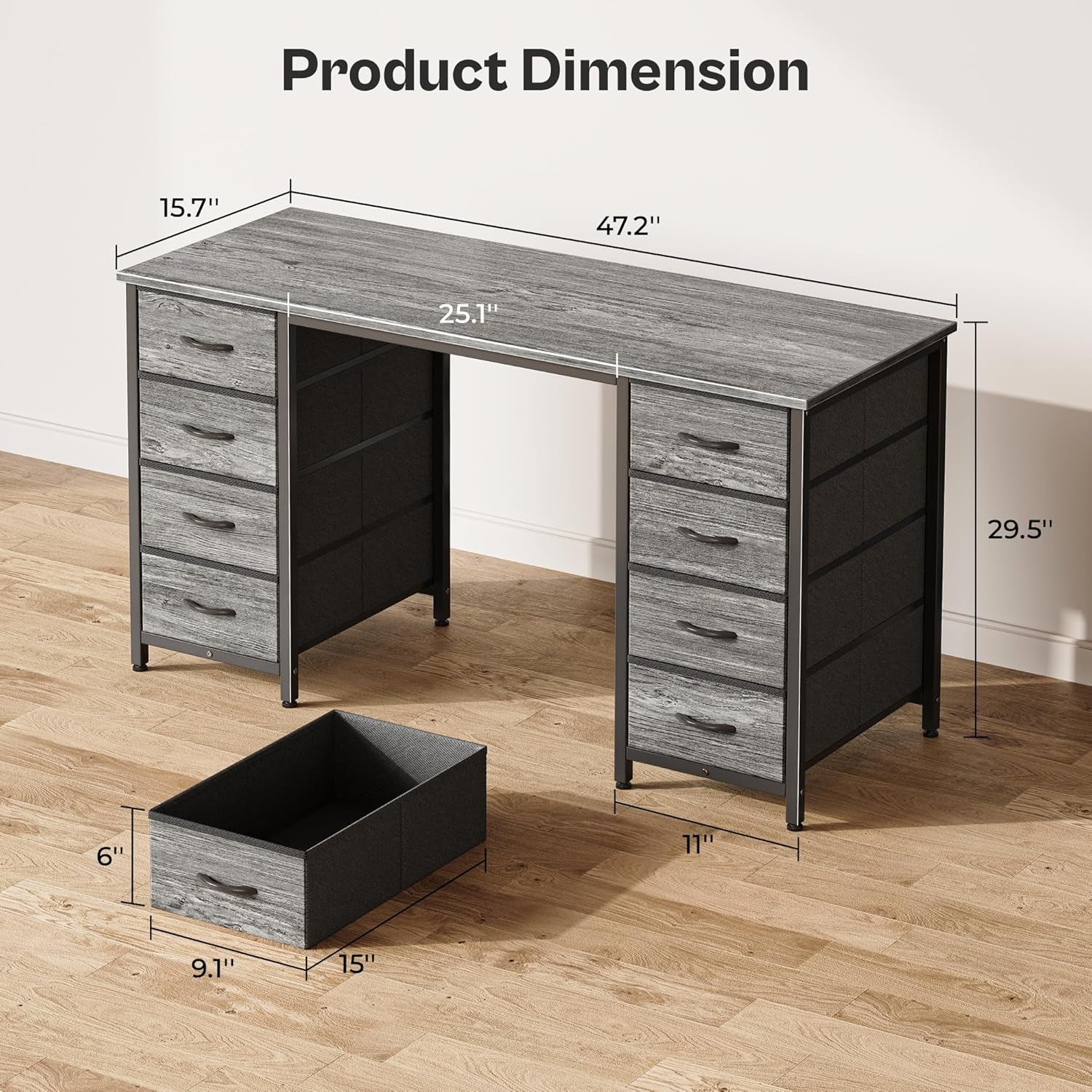 47 Inch Computer Desk with 8 Drawers, Office Desk Work Desk for Home Office, Study, Gaming Desk with Fabric Drawers, Large Storage, Grey-2