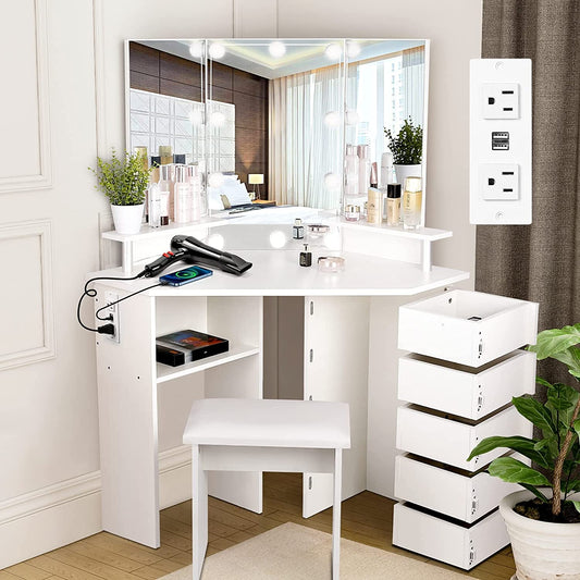 Corner Vanity Desk with Lights and Drawers-1