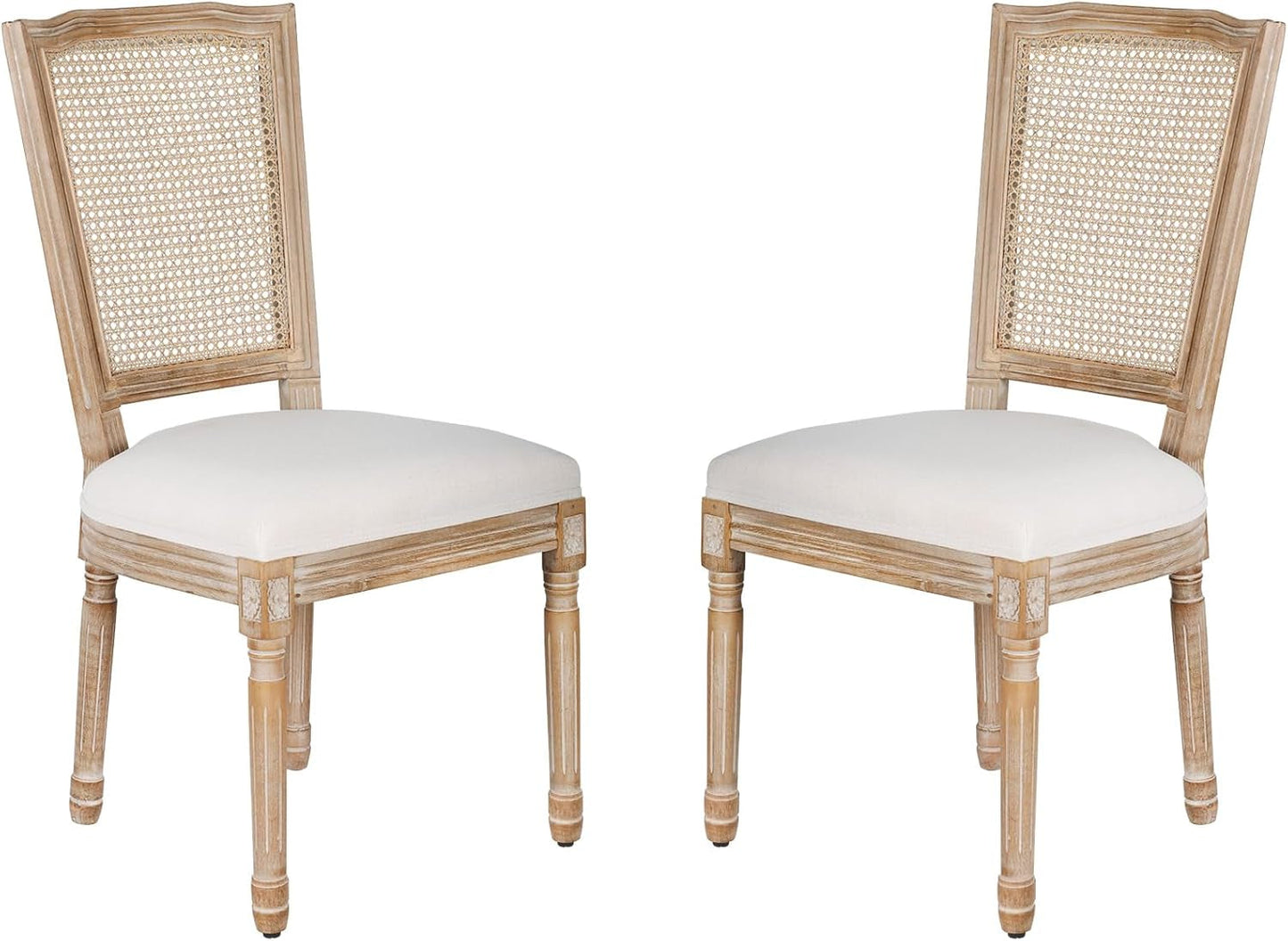 Dining Chairs Set of 2 Beige Rattan Square Back with Solid Wood Legs and Frame for French Country Kitchen Dining Room-0
