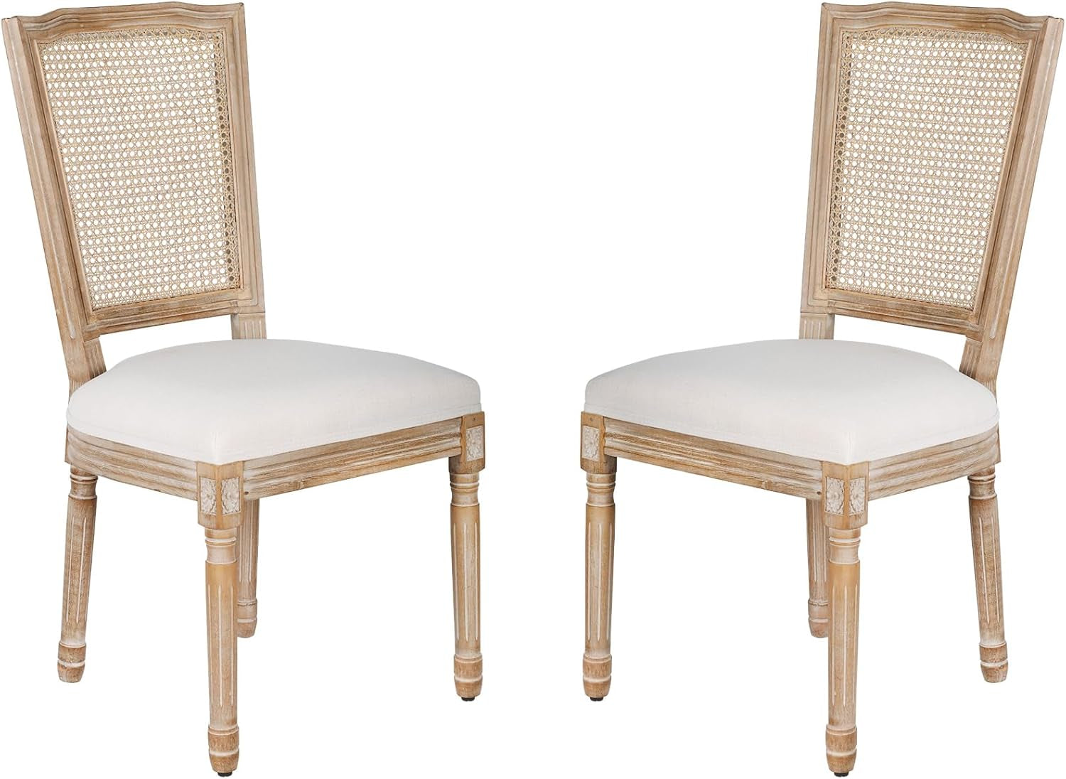 Dining Chairs Set of 2 Beige Rattan Square Back with Solid Wood Legs and Frame for French Country Kitchen Dining Room-0