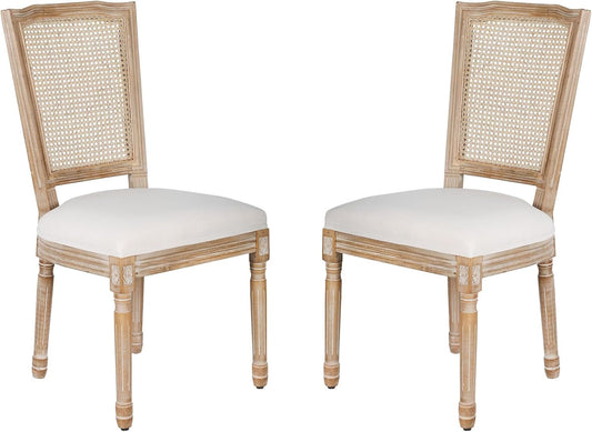 Dining Chairs Set of 2 Beige Rattan Square Back with Solid Wood Legs and Frame for French Country Kitchen Dining Room-0