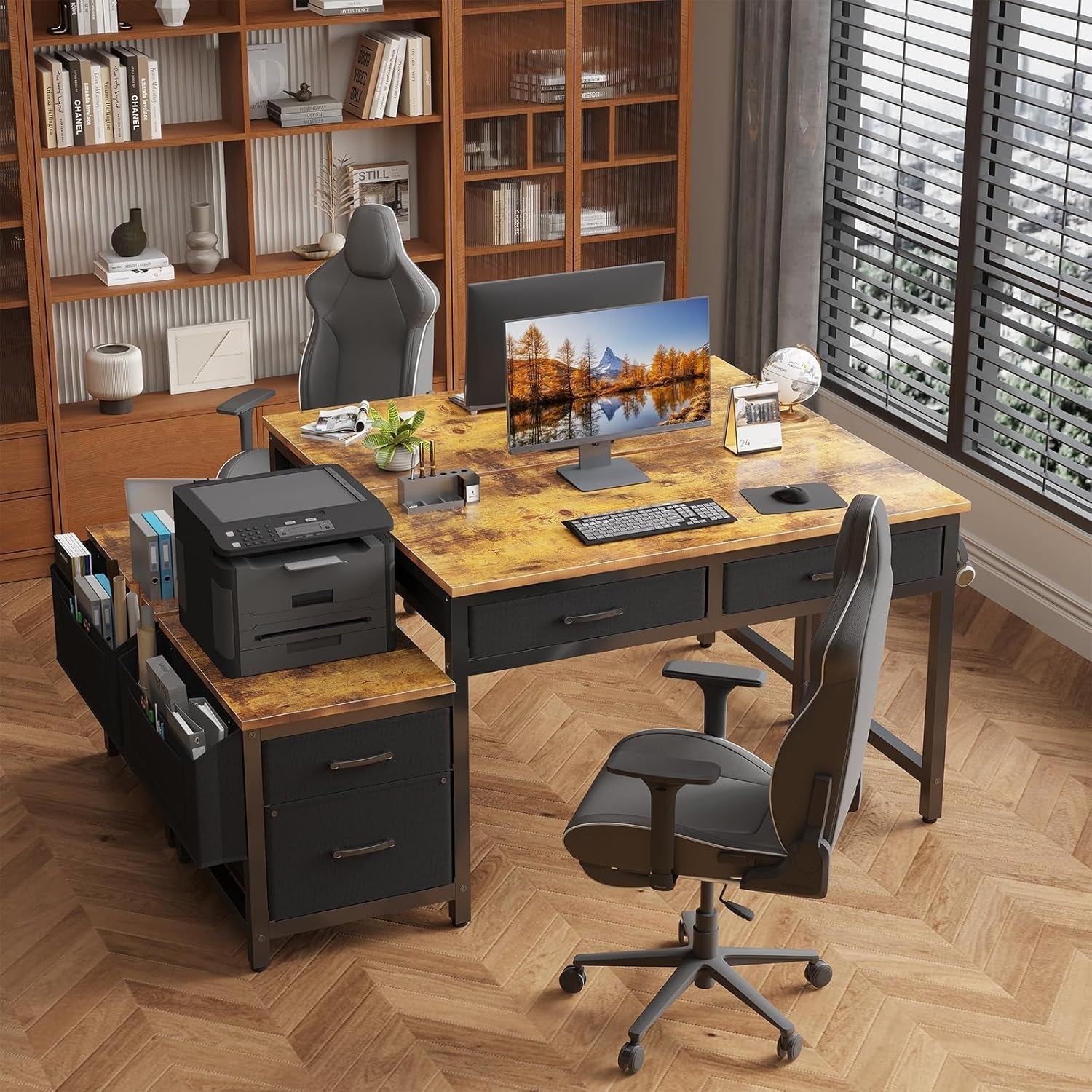 Computer Desk with Fabric File Drawers Cabinet, 57 Inch Home Office Desks with Filing Cabinet Printer Stand for Small Space, Study Writing Table PC Gaming Desks for Bedroom, Brown Black-3