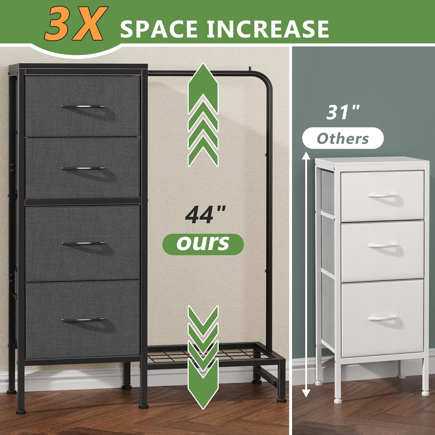 Dresser with Hanging Rack, 4 Drawers Small Dresser for Bedroom, Reversable Fabric Kids Dresser for Closet with Clothes Rack, Tall Chest of Drawers, Sturdy Frame, Grey, 44''H-3