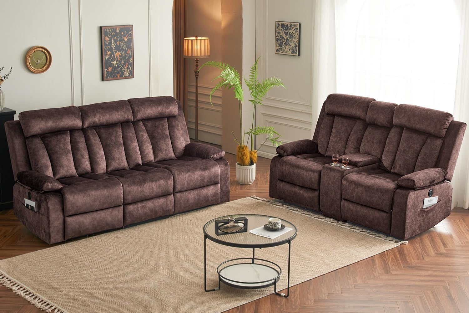 Electric Power Reclining Sofa Set - 3-Seater with Flip-Top Console & Massage Heat, Faux Leather Dual Recliner with USB Ports & Storage, Perfect for Living Room Comfort & Convenience (Brown)-0