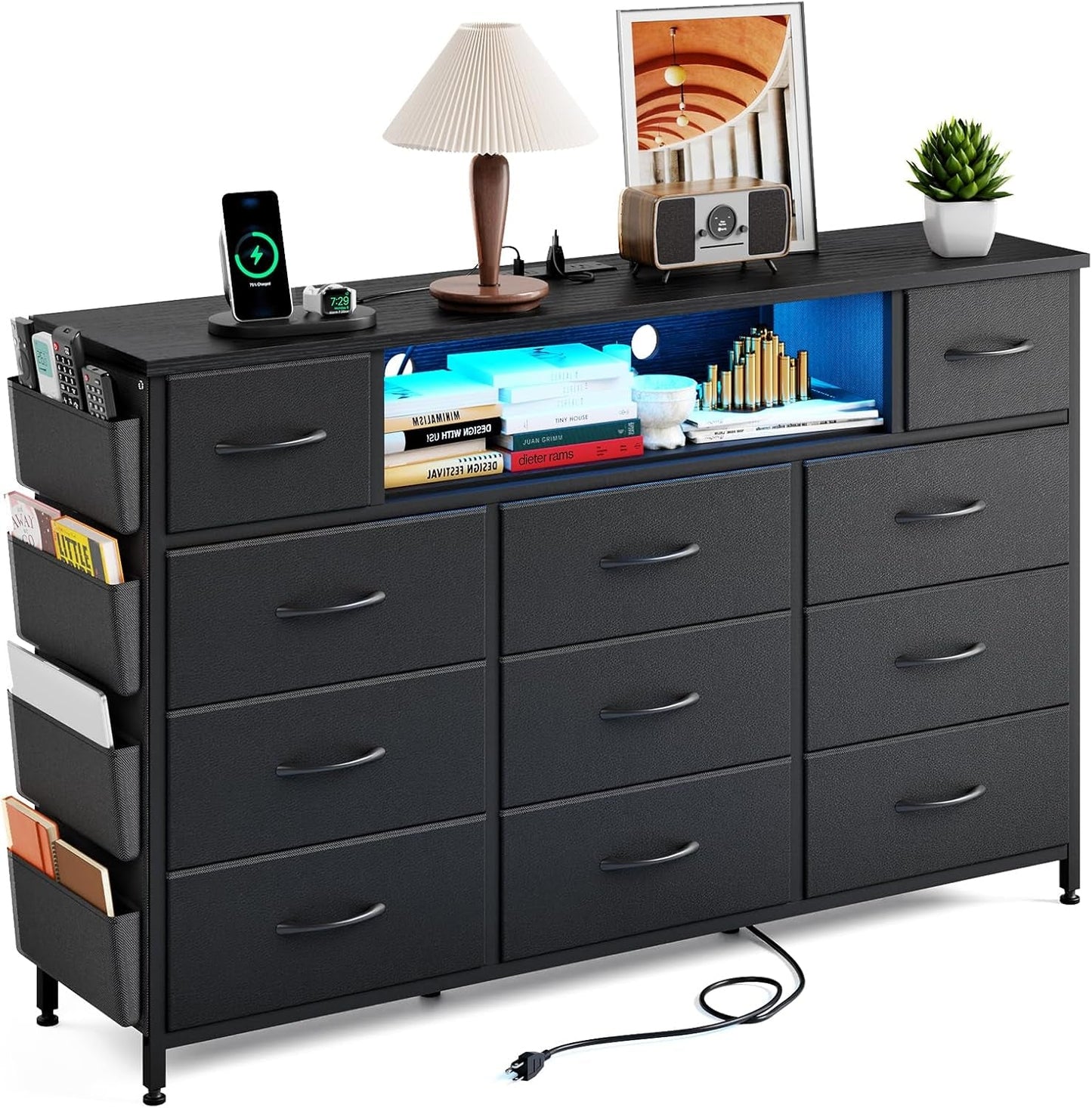 Black Dresser for Bedroom with 11 Drawers and Power Outlets LED Lights with Side Pocket for Kids Bedroom, Fabric Chest of Drawers, for 60Inch TV Long Dresser Storage Organize-0