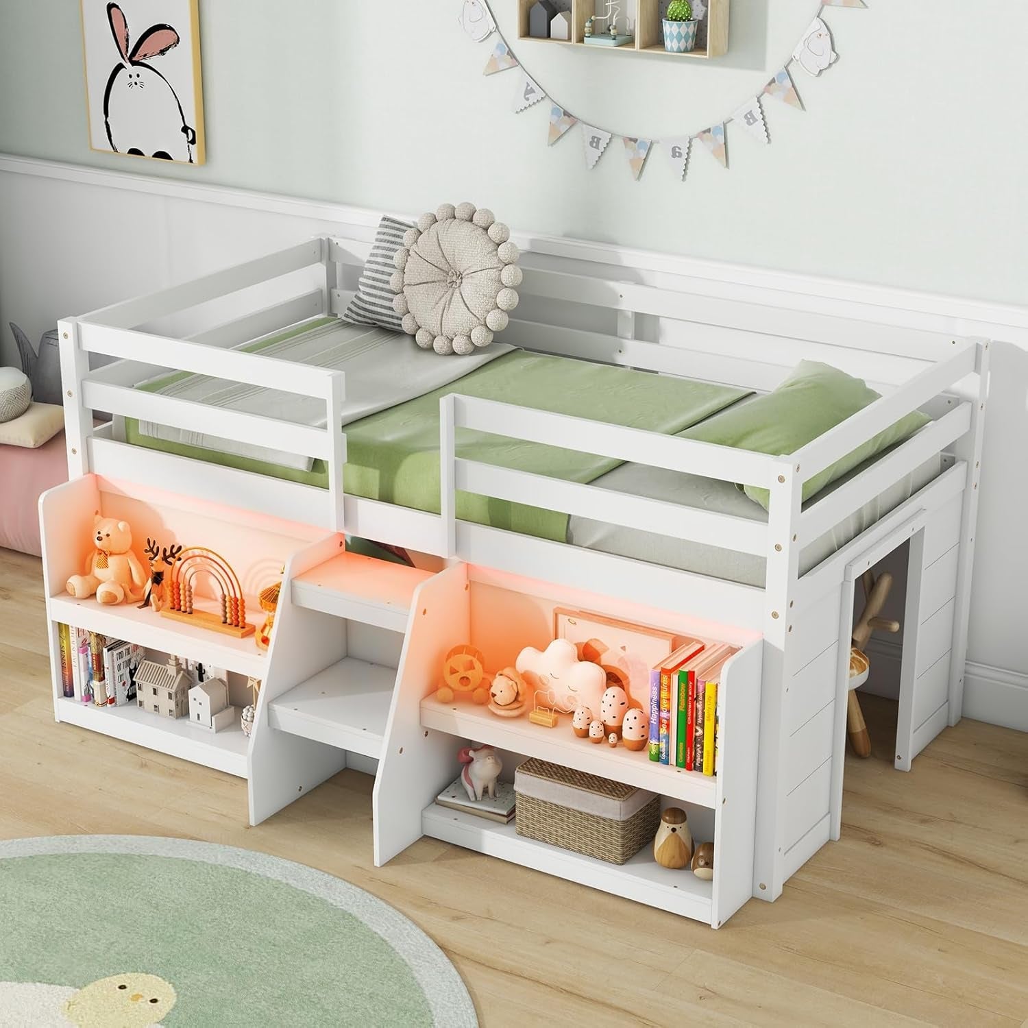 Low Loft Bed with LED Lights, Wooden Twin Loft Bed with Stairs & Safety Guardrail, Loft Bed Twin Size with Storage Bookcase and Under-Bed Play Space, Loft Bed for Kids (White)-3