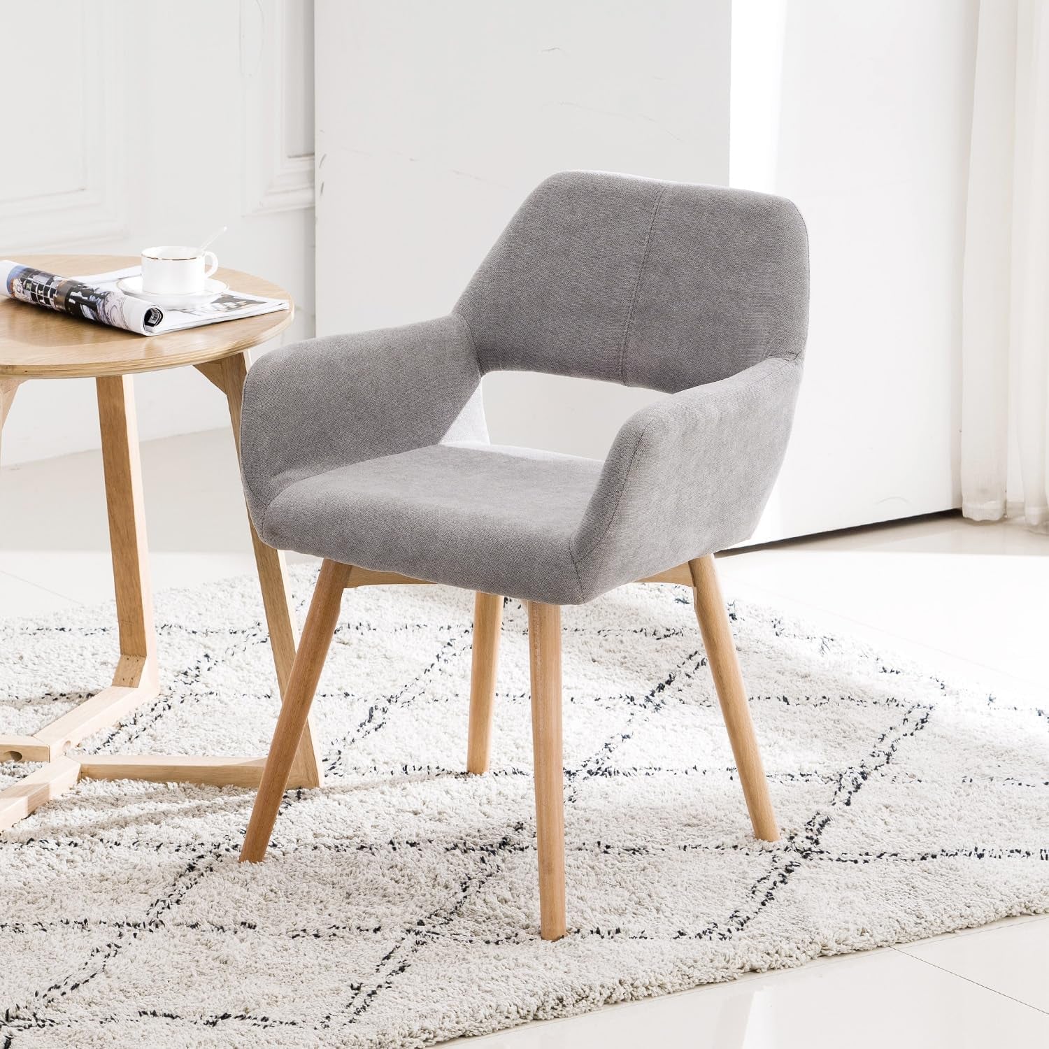 Desk Chair No Wheels Comfy Accent Chair for Living Dining Room Bedroom Vanity Chair Makeup Chair Home Office Mid Century Modern Upholstered Arm Chair Sofa Chair (Gray, 1)-2