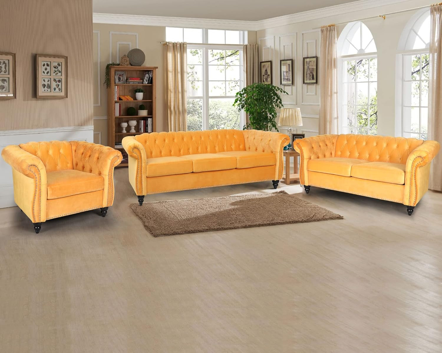 3 Pieces of Living Room Furniture Sofa Sets, Modern Velvet Chesterfield Sofa&Chesterfield Club Chair&Chesterfield Loveseat Sofas Set with Nailhead Trim Scroll Arms for Living Room(Mango)-0