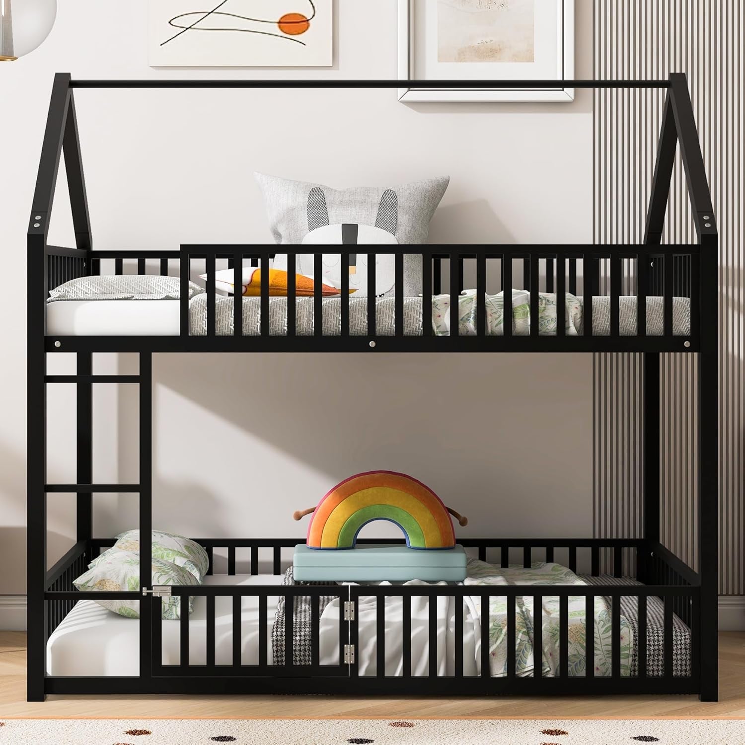 Metal Bunk Beds Twin over Twin Size, Twin over Twin Bunk Beds for Kids, Floor Bunk Bed, House Bunk Bed for Kids，Black-2