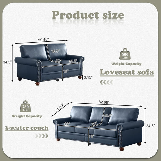2-Piece Comfy Upholstered PU Leather Sofa Couch Set, Mid-Century Modern Loveseat Sofa+3 Seater Couch with Storage Space for Living Room, Furniture Set, Navy Blue-1