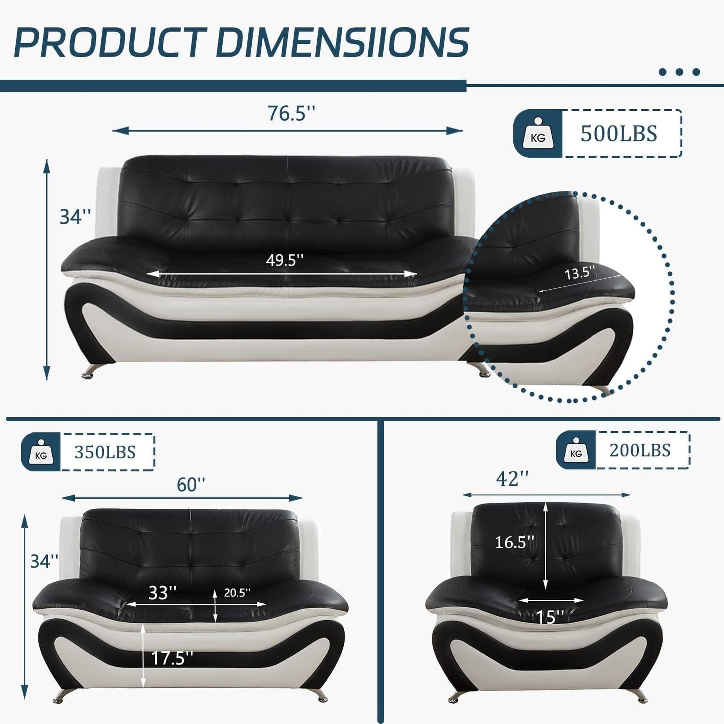 Contemporary Living Room Furniture Set, Vegan Leather Sofa Set for Living Room/House/Bedroom/Office/Apartment (White/Black, 3 PCS), F45&F46-1