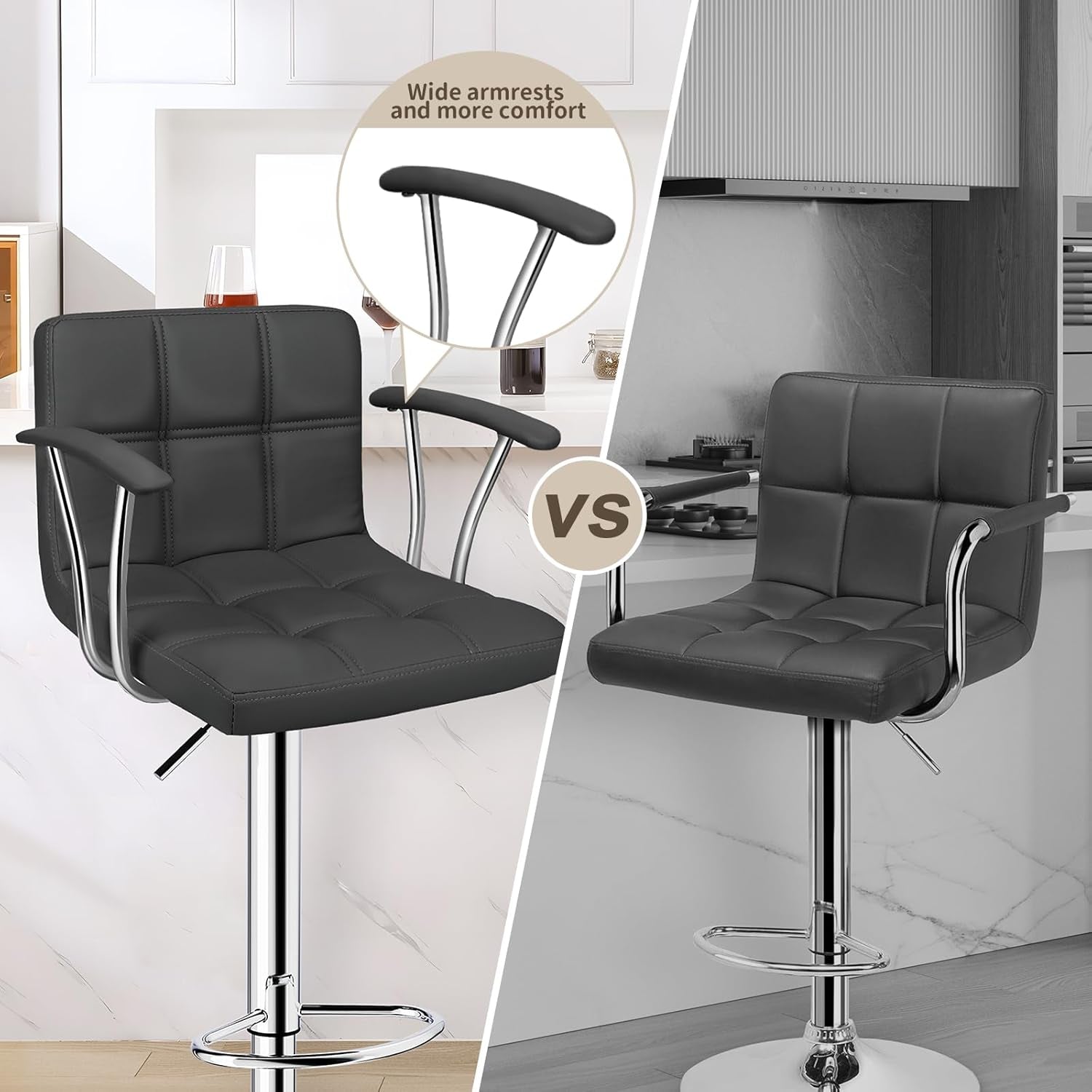 Bar Stools Set of 2,Armrest Adjustable Swivel Barstools with Back,Double Needle PU Leather Counter Height Bar Stools for Kitchen Island, Grey-3