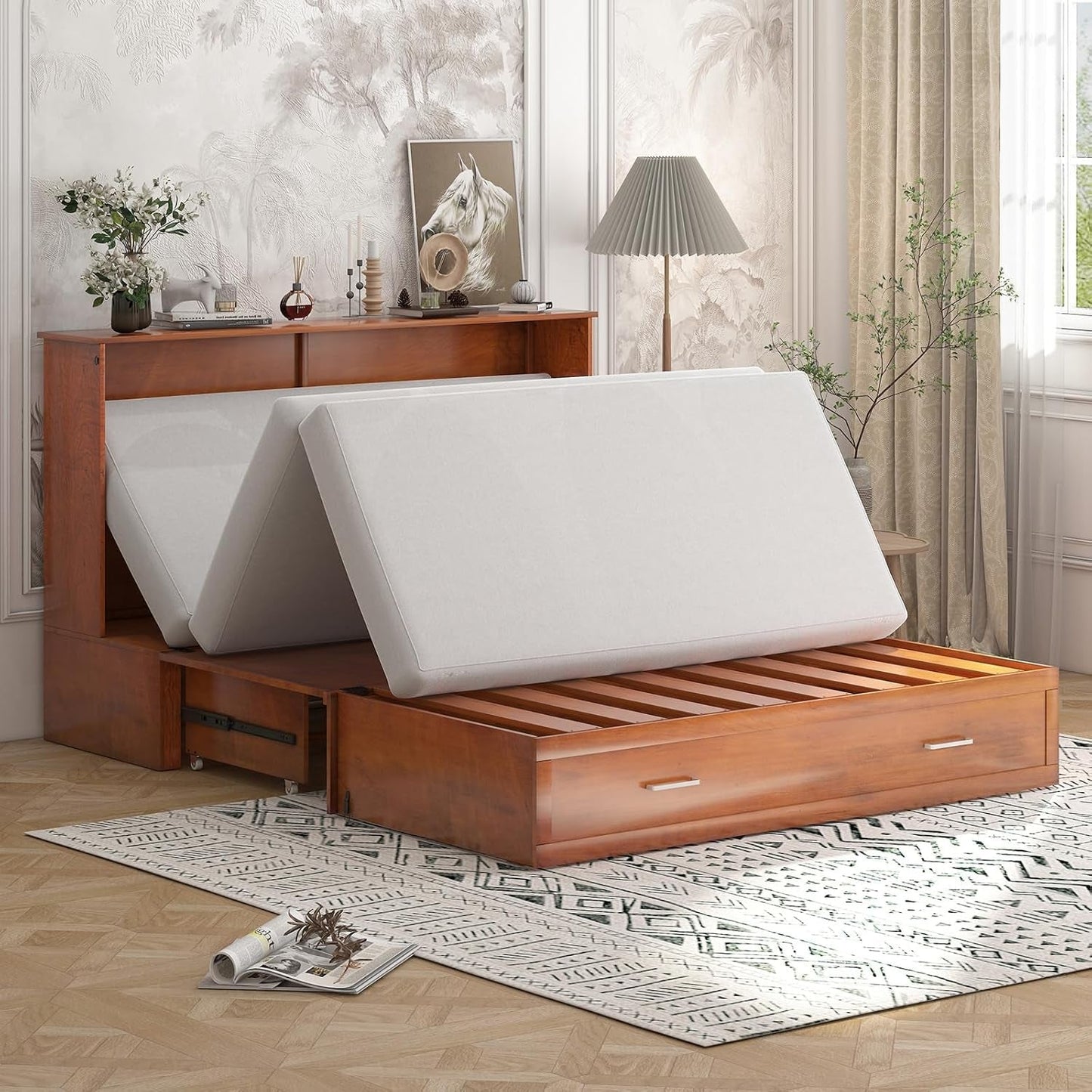 Queen Size Murphy Bed Cabinet with Storage and Charging-3