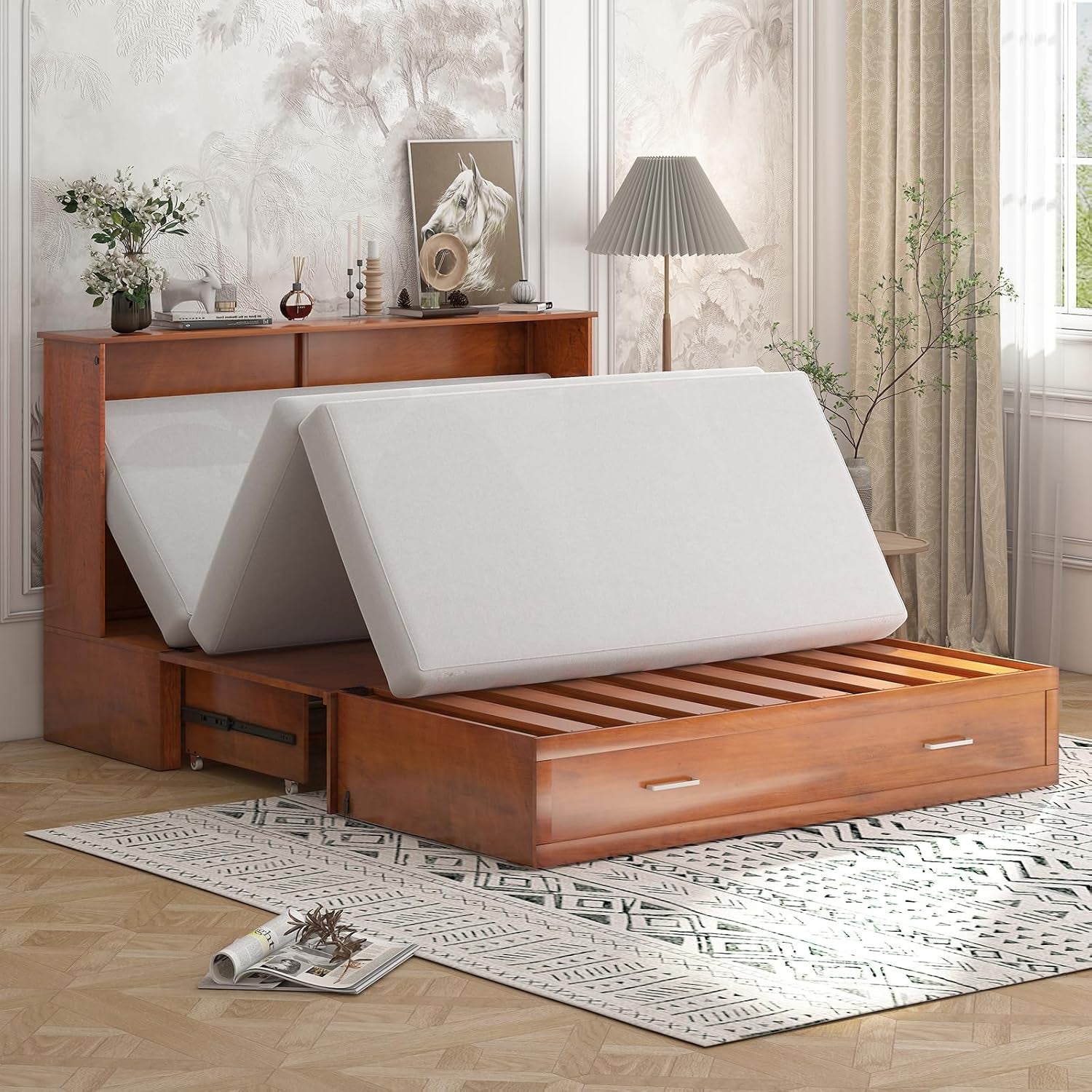 Queen Size Murphy Bed Cabinet with Storage and Charging-3