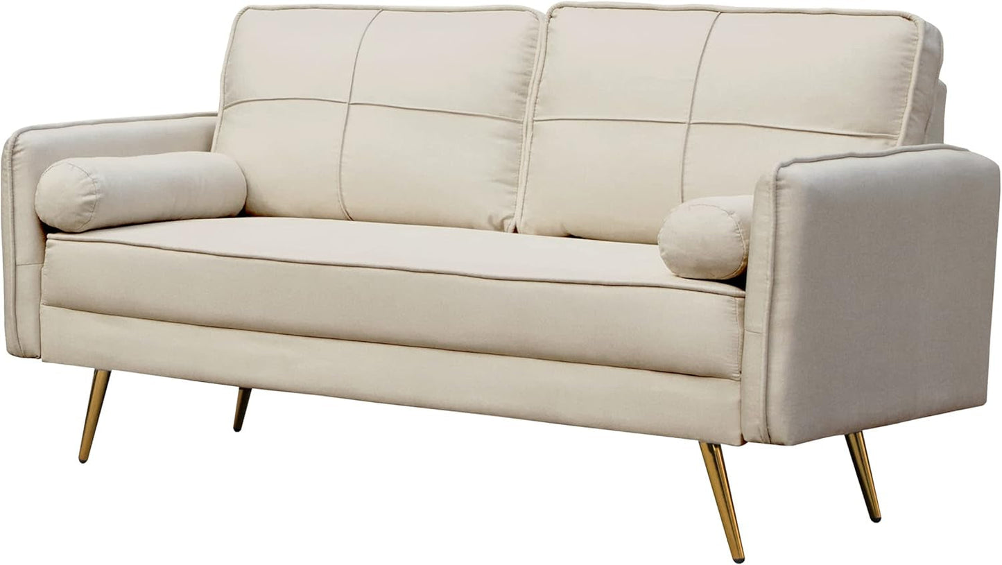 Modern Velvet Sofa Tufted Couch Upholstered Loveseat with Bolsters & Metal Legs for Living Room,Bedroom,Study,Playroom,Apartment,Dorm - Beige-0