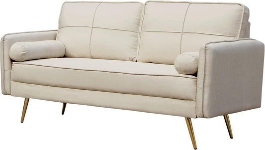 Modern Velvet Sofa Tufted Couch Upholstered Loveseat with Bolsters & Metal Legs for Living Room,Bedroom,Study,Playroom,Apartment,Dorm - Beige-0