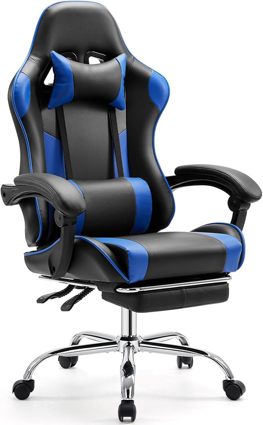Video Game Desk Chair - Ergonomic Computer with Footrest and Comfy Lumbar Support, PU Leather Recliner with Headrest, Fixed up Armrest, Height Adjustable with 360° Swivel, for Adults, Blue-0