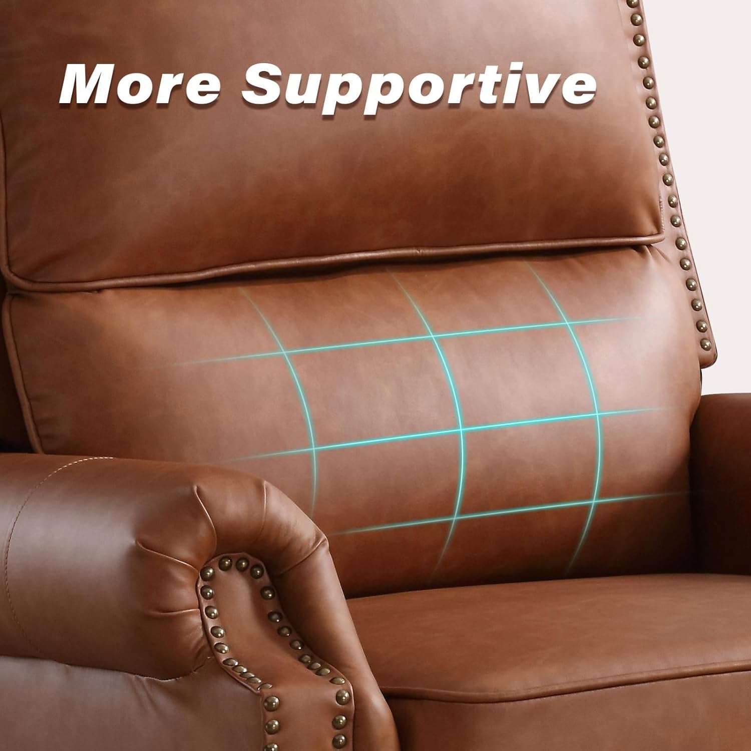 Push Back Recliner Chair, Textured Leather Overstuffed Wingback Recliner, Adjustable Pushback Chair with Padded Seat and Back, Single Reclining Sofa for Living Room, Bedroom(Cognac Brown)-4