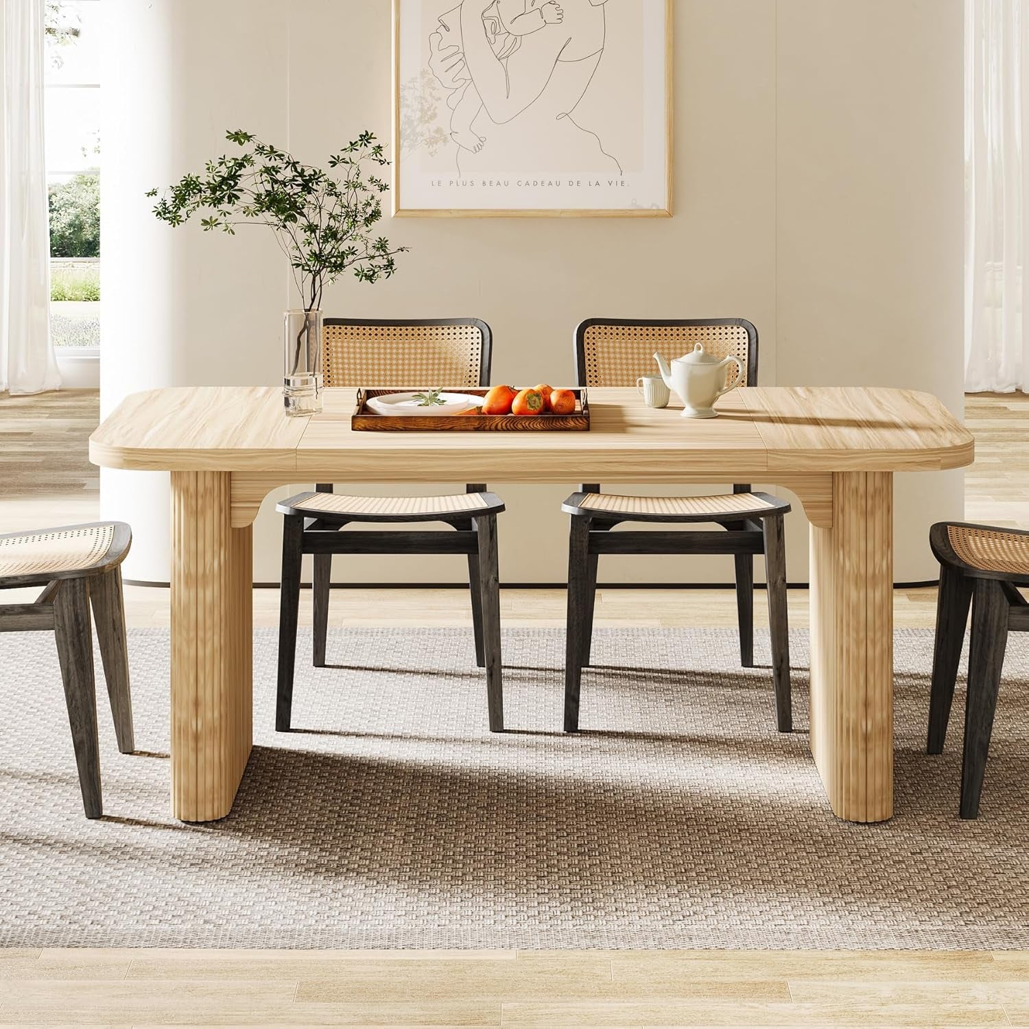 Farmhouse Dining Table for 4-6 People, 62-Inch Modern Kitchen Table with Double Robust Pedestal, Long Rectangular Wooden Dinner Table for Dining Room (Only Table) (Natural)-2