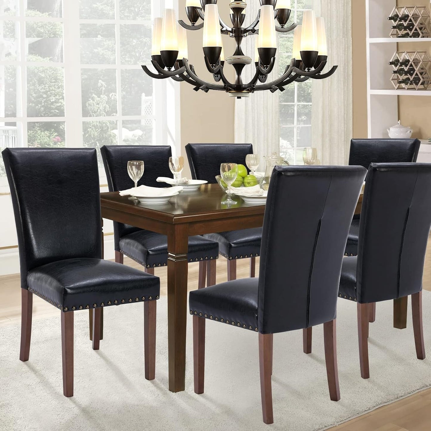 Parsons Dining Chairs Set of 4, Upholstered Nailhead PU Leather Dining Room Kitchen Side Chair with Thick Cushions and Wood Legs, Black-2