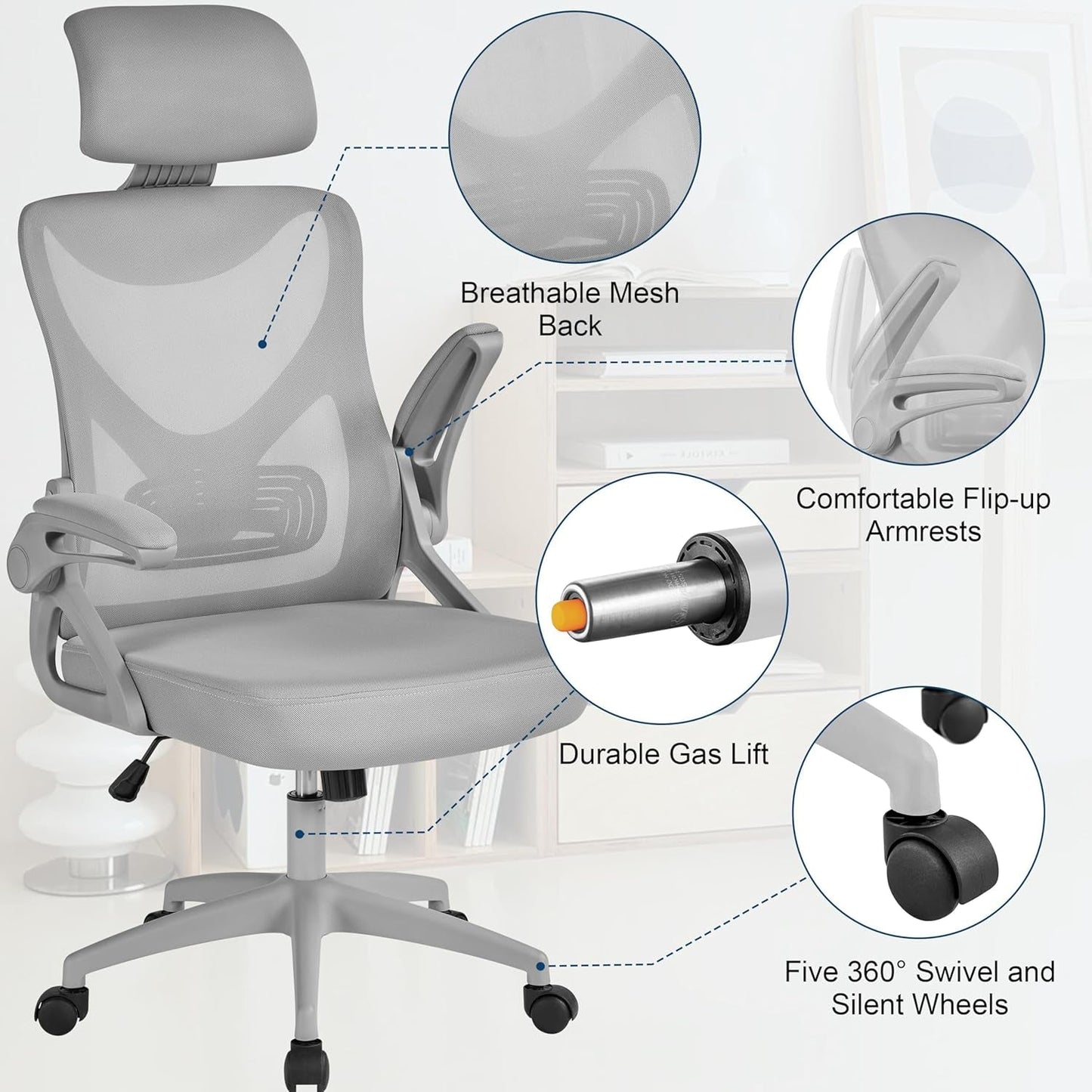 Ergonomic Mesh Office Chair, High Back Desk Chair with with Flip-Up Armrests, Adjustable Padded Headrest Computer Chair with Lumbar Support for Home Oiffce Game Room, Full Gray-4