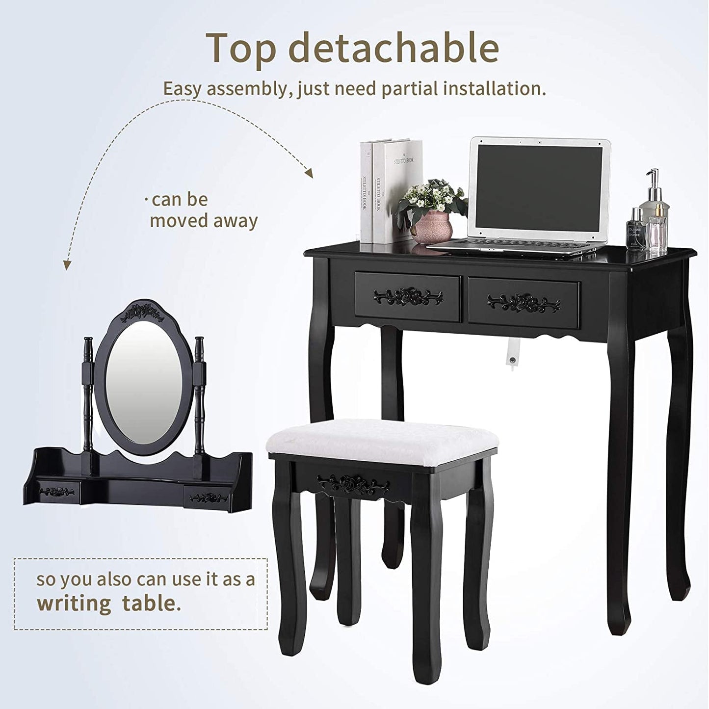 Oval Mirror Makeup Table with Drawer Storage-3