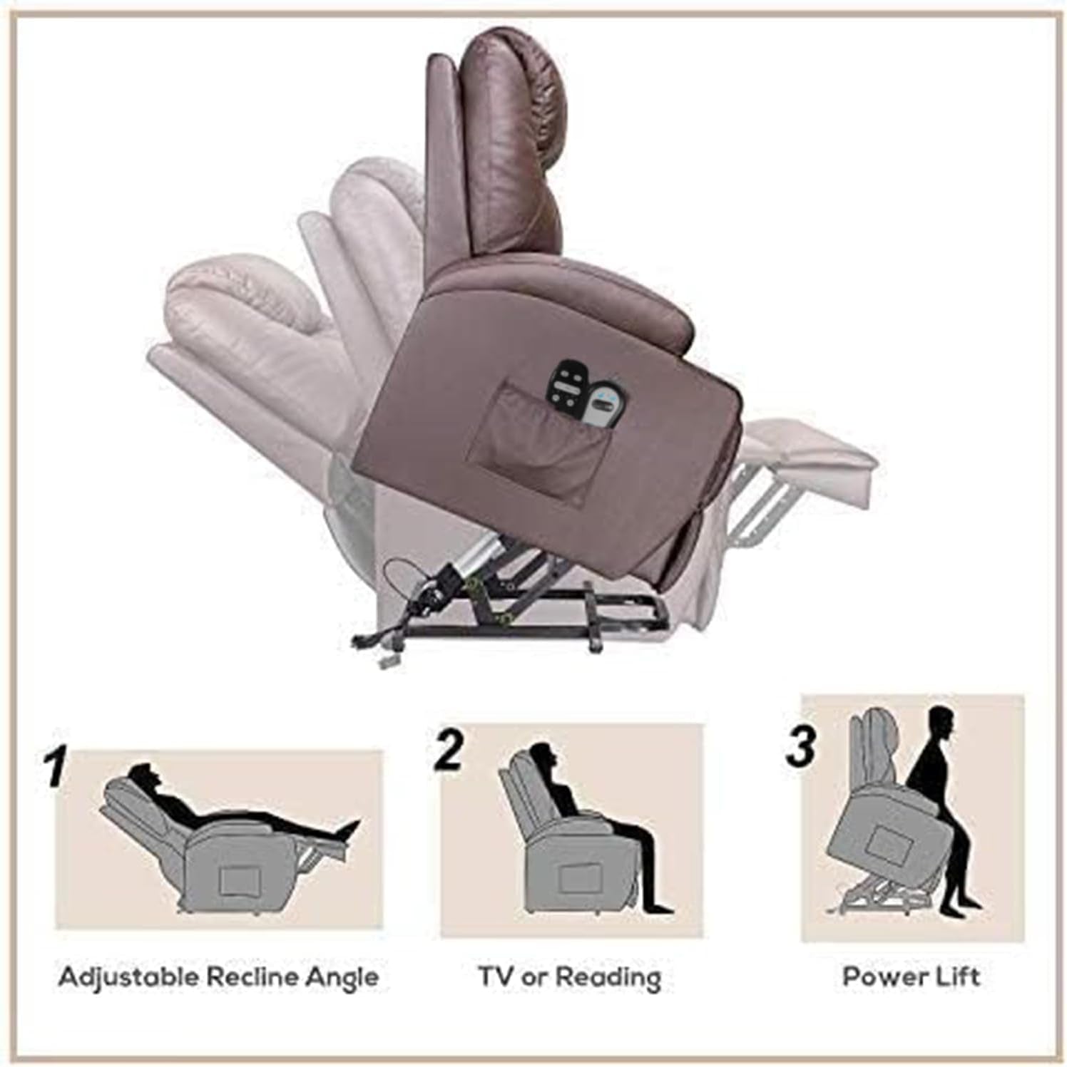 Power Lift Recliner Chair PU Leather with Massage for Elderly Ergonomic Lounge Chair Classic Single Sofa with 2 Cup Holders Side Pockets Home Theater Seat (Leather, Brown)-4